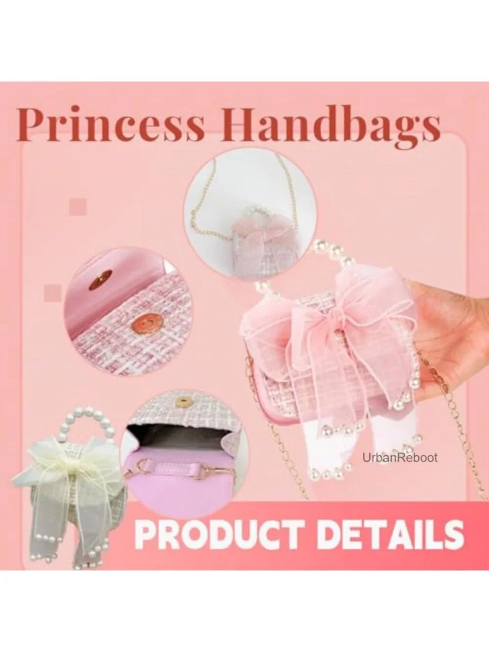 2 Pack Girls Mini Crossbody Purses with Bowknot and Pearl Handle Detachable